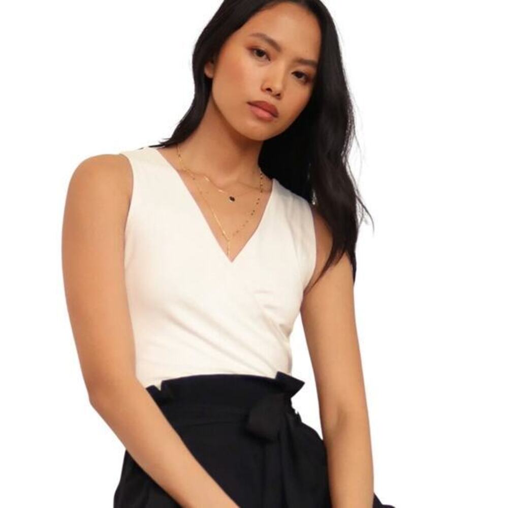 Lulus Staying Basic White Faux-Wrap Sleeveless Bodysuit size Medium